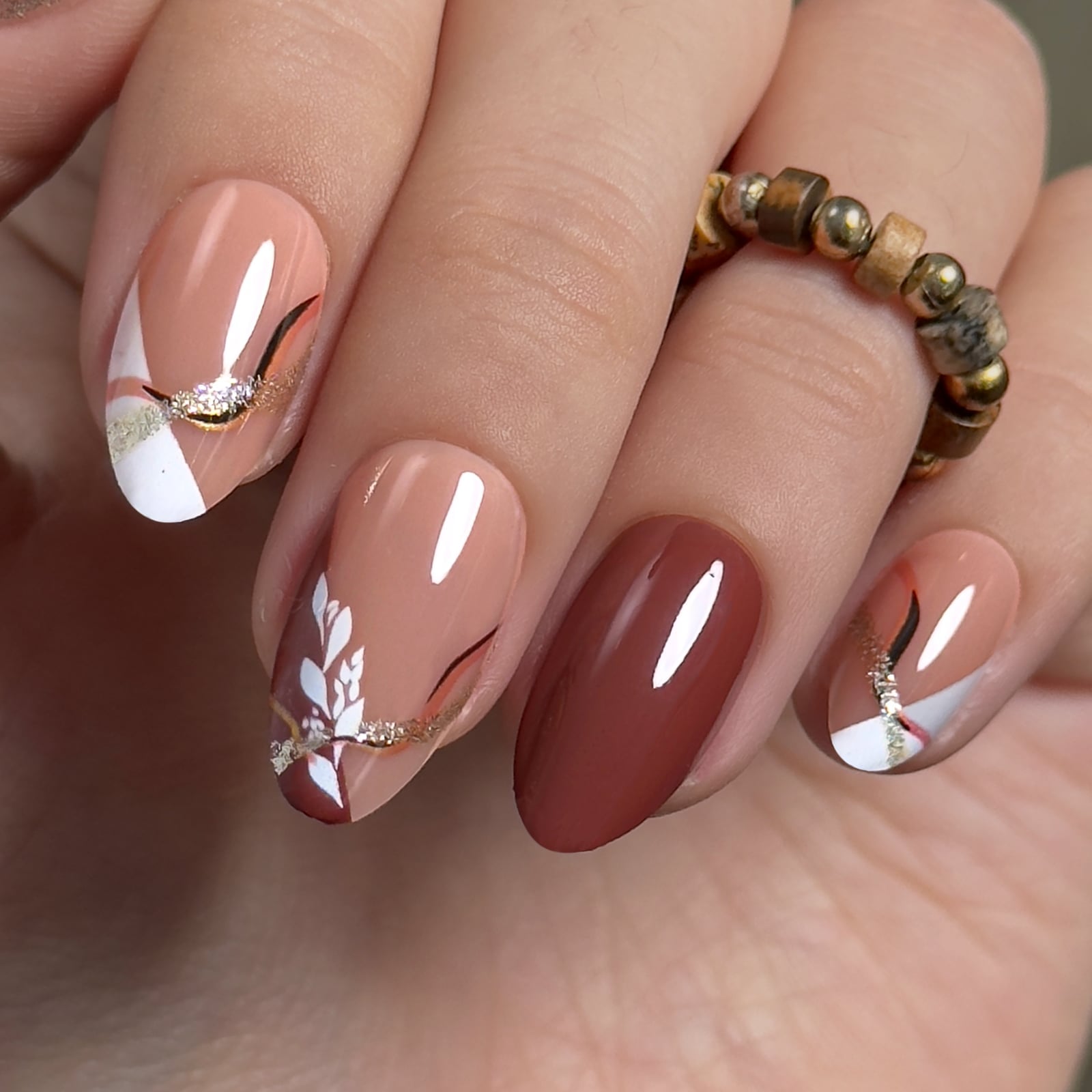Nude Solid, Brown Solid with White Leaf French Almond Nails Nude Solid, Brown Solid with White Leaf French Almond Nails — Classy Brown Almond Nails