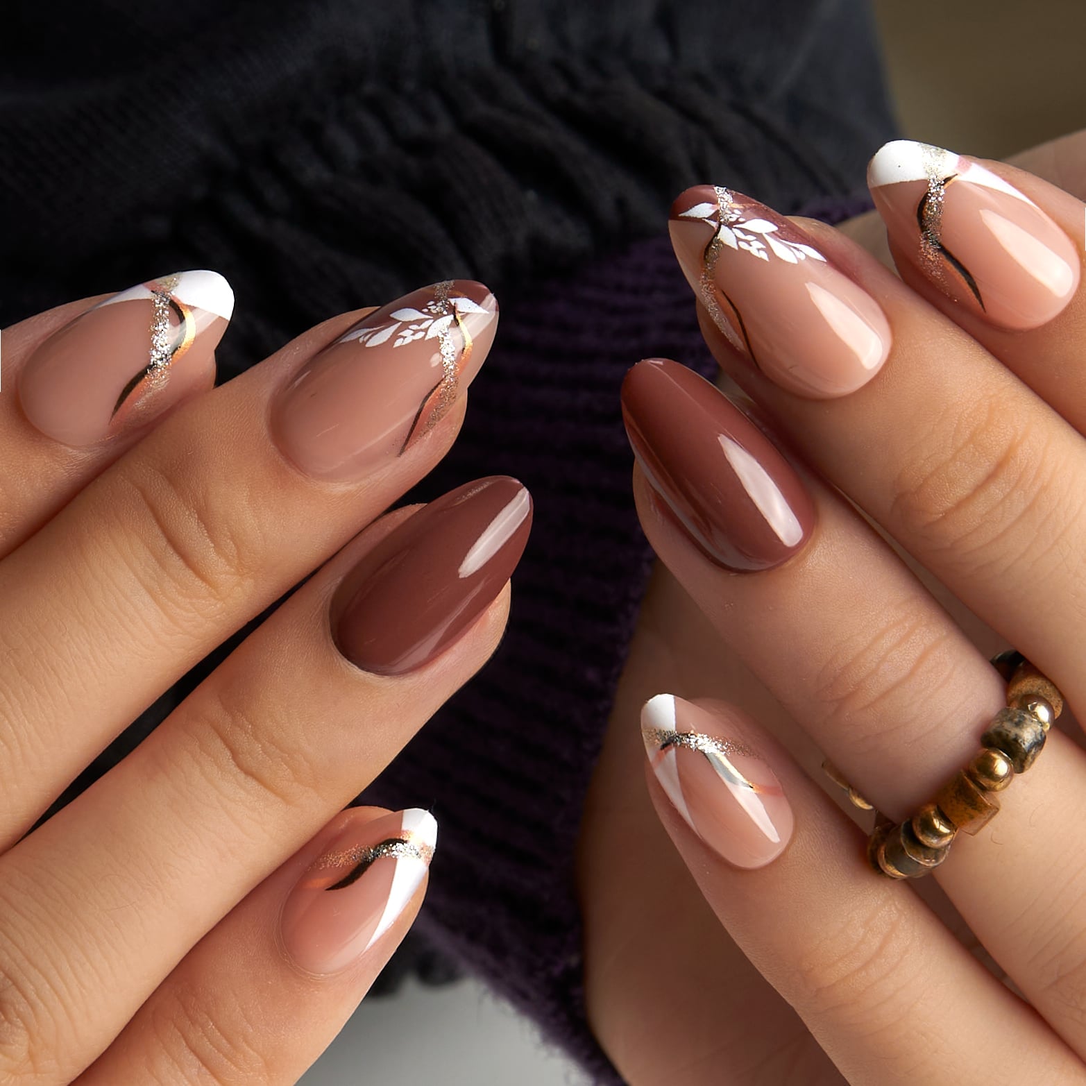 Nude Solid Brown Solid White Leaf French Almond Nails, Close-Up Take Nude Solid Brown Solid White Leaf French Almond Nails, Close-Up Take — Classy Brown Almond Nails