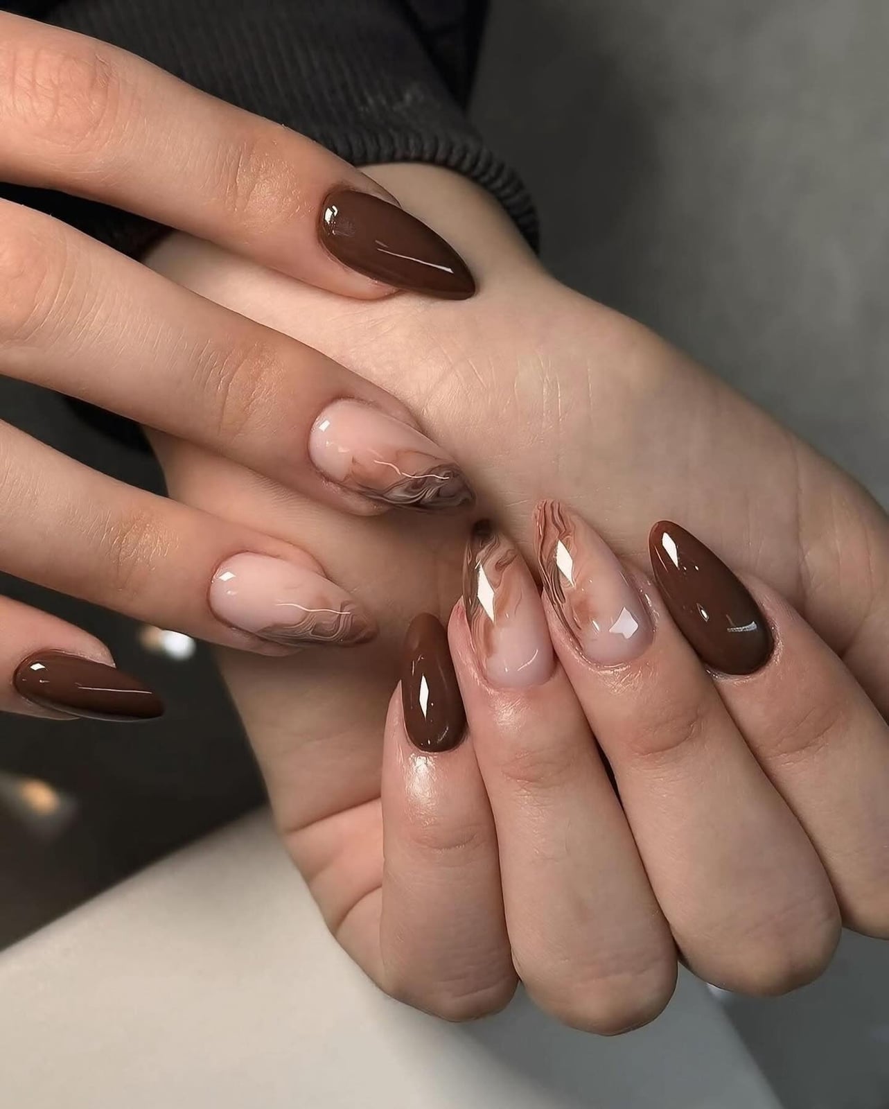 Deep Brown Sheer Pink Marble Swirl Almond Nails Deep Brown Sheer Pink Marble Swirl Almond Nails — Classy Brown Almond Nails