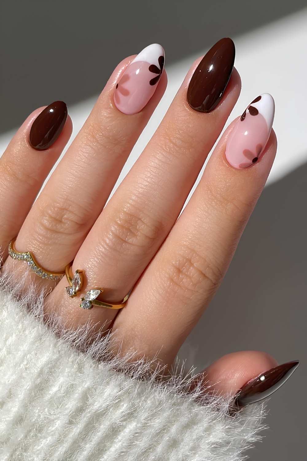 Sheer Pink Floral Light Brown Solid Almond Nails Sheer Pink Floral Light Brown Solid Almond Nails — Classy Brown Almond Nails