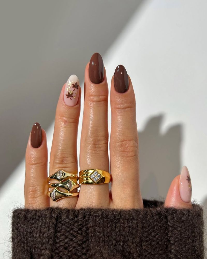 Medium Brown Nude Solid Fall Leaf Gold Glitter Almond Nails Medium Brown Nude Solid Fall Leaf Gold Glitter Almond Nails — Classy Brown Almond Nails