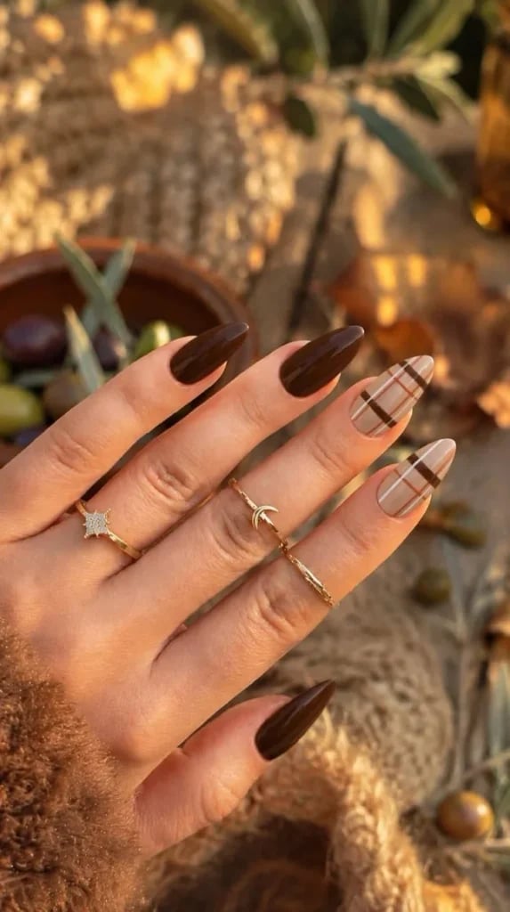 Dark Brown Nude Base Plaid Pattern Almond Nails Dark Brown Nude Base Plaid Pattern Almond Nails — Classy Brown Almond Nails