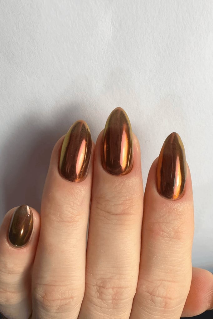 Bronze Orange Yellow Chrome Almond Nails Bronze Orange Yellow Chrome Almond Nails — Classy Brown Almond Nails