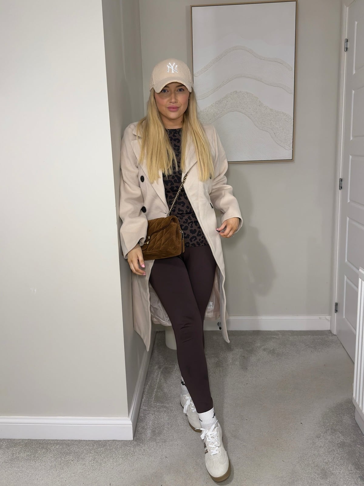 Beige Trench Coat Over Leopard Top — Classy Brown Leggings Outfit