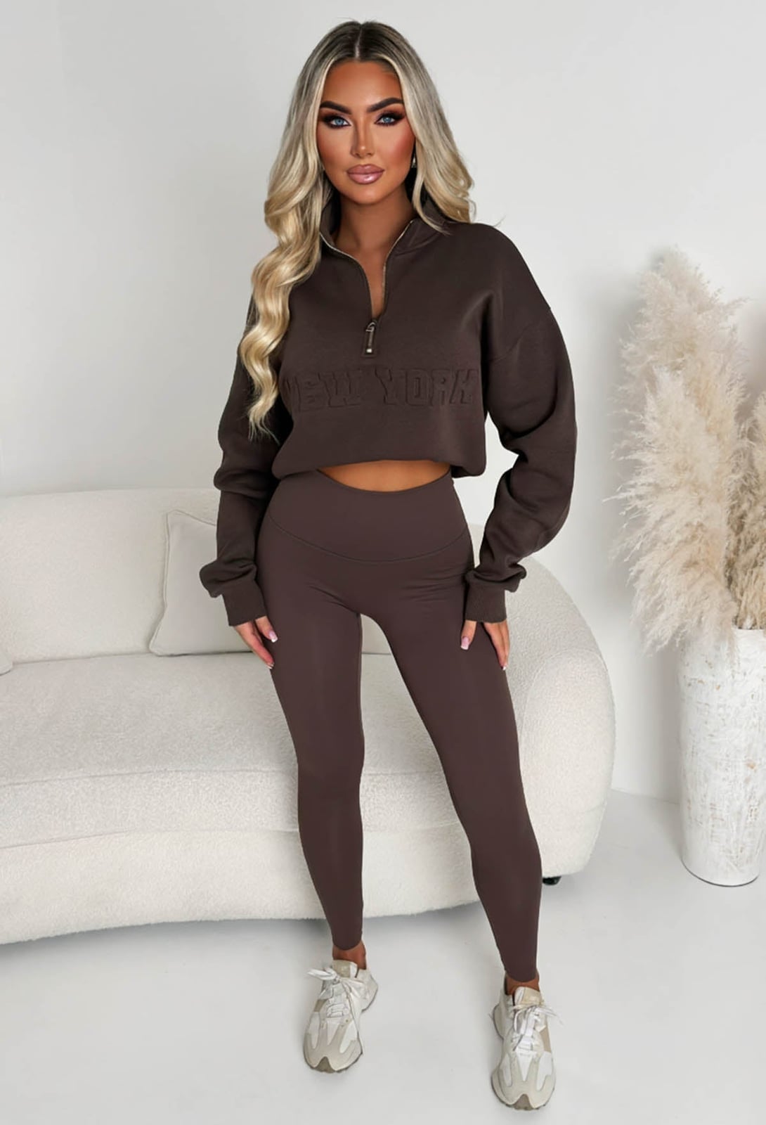 Embossed Sweatshirt With Jersey Leggings — Classy Brown Leggings Outfit