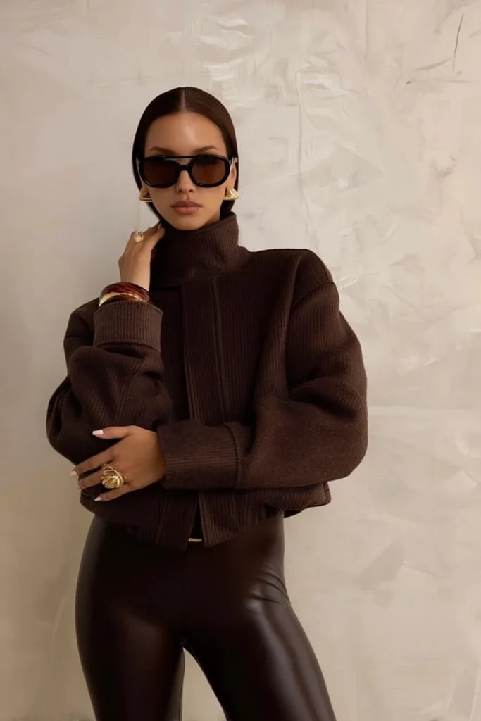 Glossy Leggings With Knit Turtleneck — Classy Brown Leggings Outfit