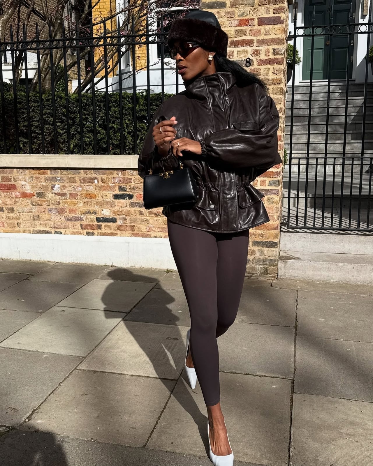 Leather Jacket Over Taupe Leggings — Classy Brown Leggings Outfit