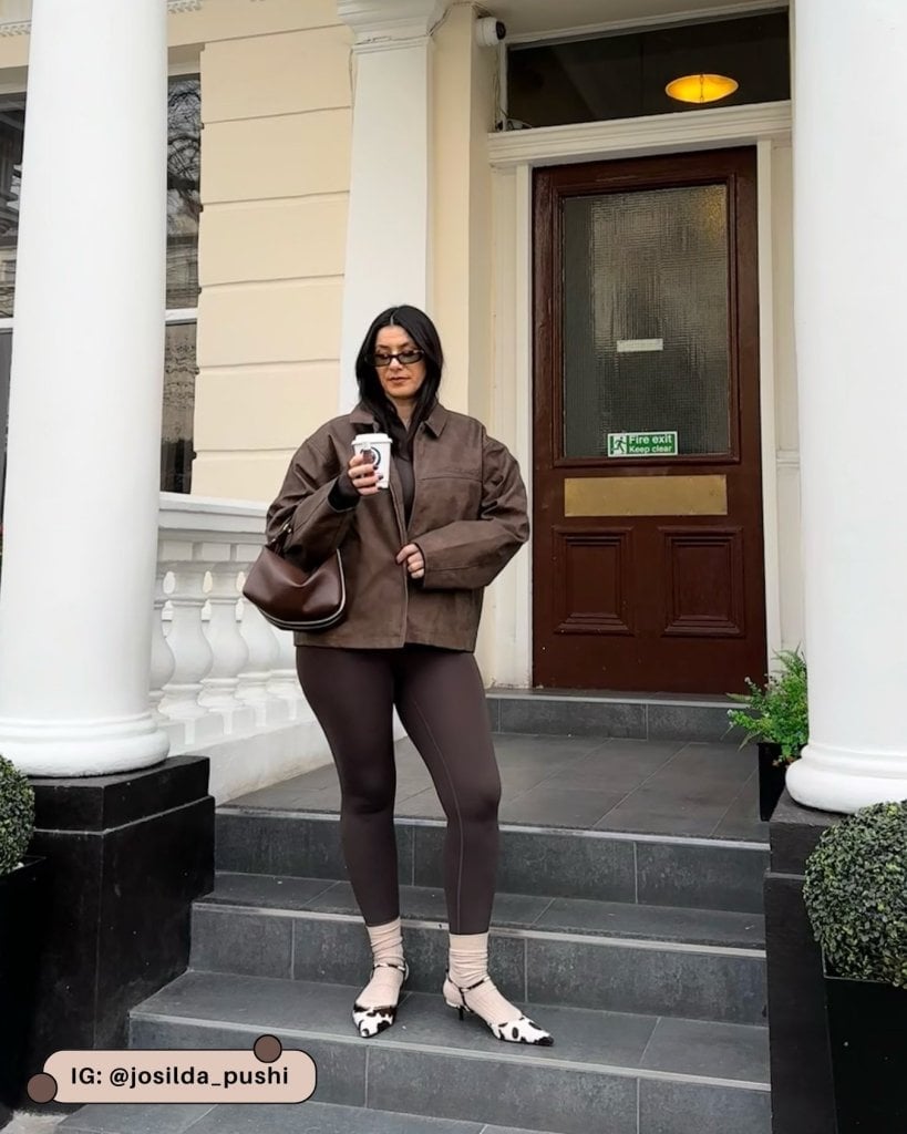 Oversized Faux Leather Jacket With Patterned Flats — Classy Brown Leggings Outfit