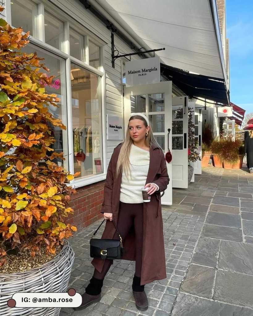 Trench Coat Over White Sweater And Leggings — Classy Brown Leggings Outfit