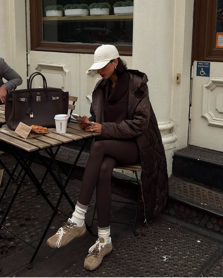 Quilted Puffer Coat With Suede Sneakers — Classy Brown Leggings Outfit