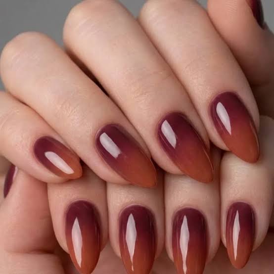 Medium Almond Deep Burgundy Nude Ombre — Classy Brown Ombre Nails