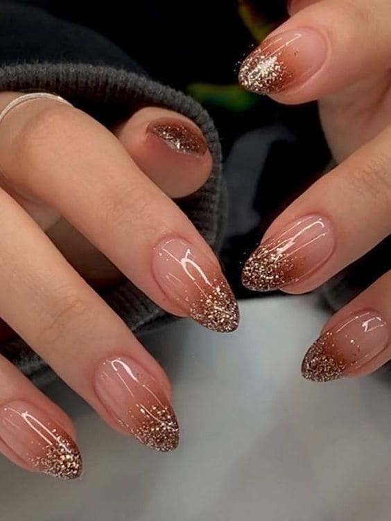 Long Almond Gold Glitter Brown Ombre — Classy Brown Ombre Nails