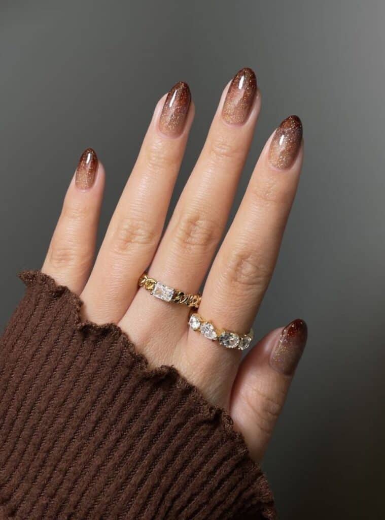 Medium Almond Shimmering Gold Glitter Ombre — Classy Brown Ombre Nails