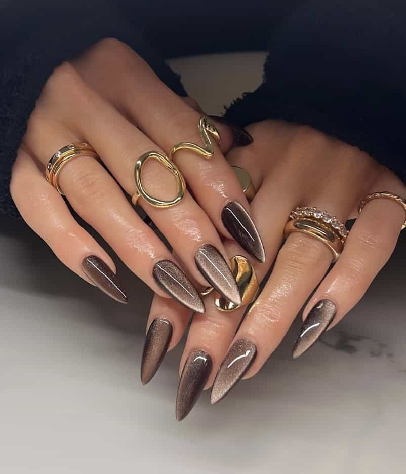 Brown Taupe Cat-Eye Shimmer Nails — Classy Brown Ombre Nails