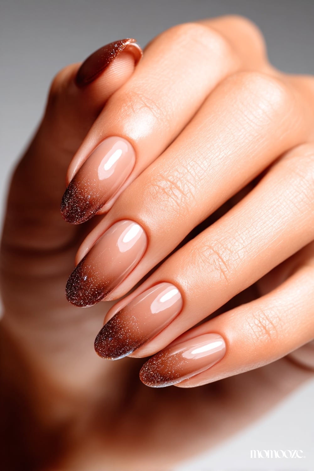 Medium Oval Nude Base Glitter Ombre — Classy Brown Ombre Nails