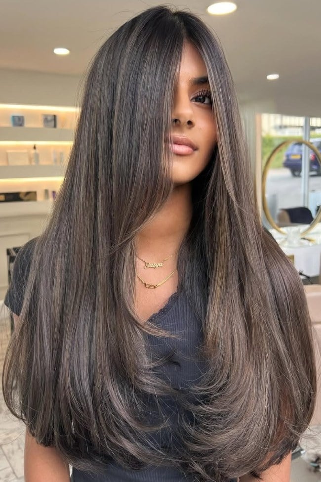 Smoky Espresso Ash Brown Hair Colour for Long Layered Hair : Glossy Cool-Toned Brunette