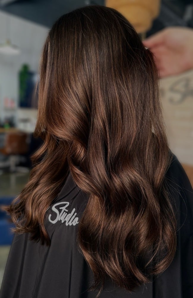 Back View Mid-Back Dark Brown With Lighter, Everyday Version Back View Mid-Back Dark Brown With Lighter, Everyday Version — Classy Brunette Hair Colors