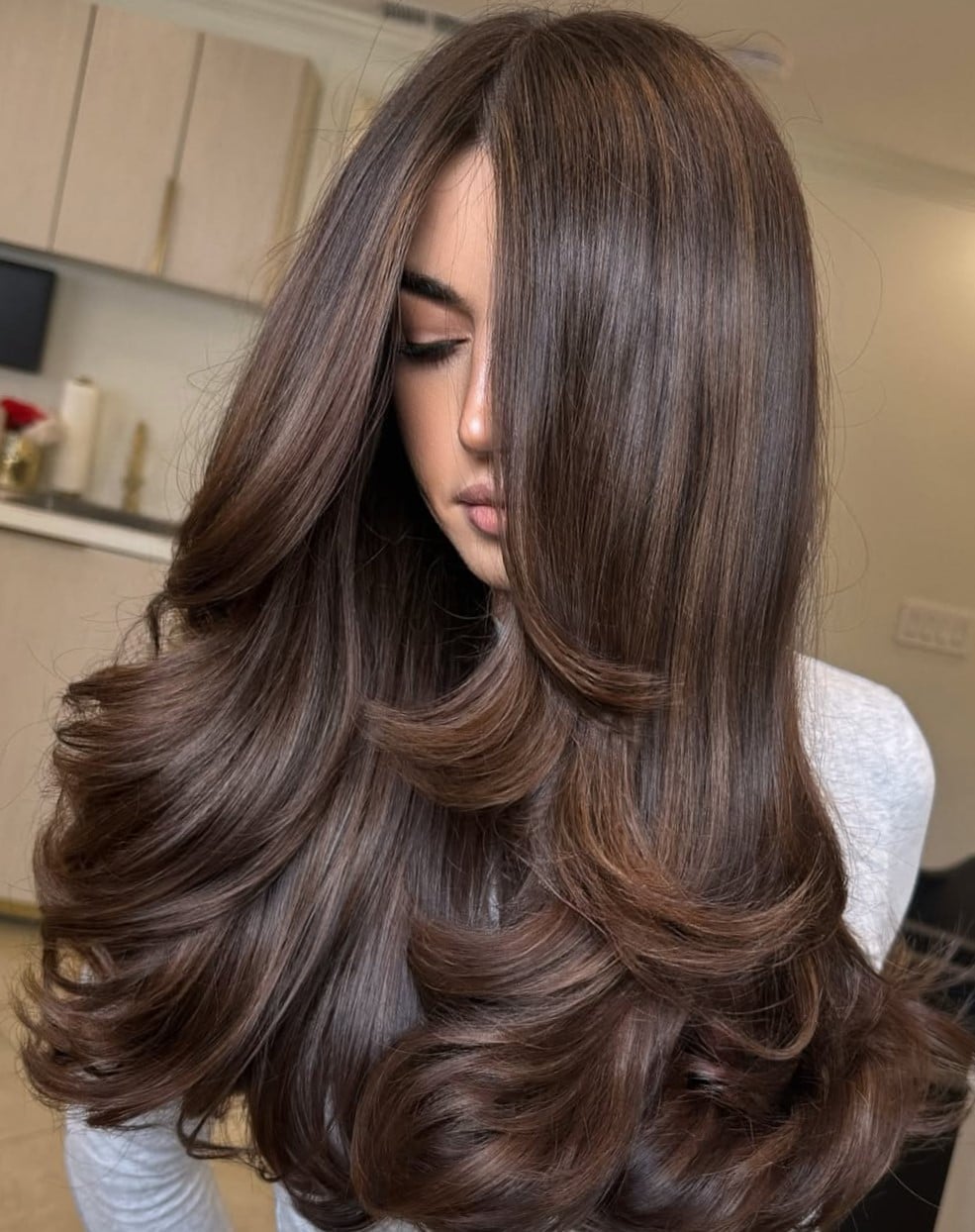Mid-Back Dark Brown With Lighter Brown Highlights, Close-Up Take Mid-Back Dark Brown With Lighter Brown Highlights, Close-Up Take — Classy Brunette Hair Colors