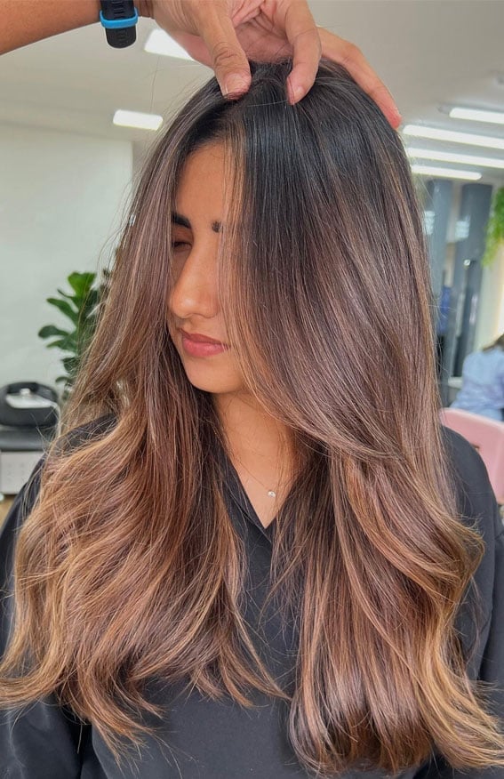 Mid-Back Dark Brown With Caramel Balayage, Office-Safe Version Mid-Back Dark Brown With Caramel Balayage, Office-Safe Version — Classy Brunette Hair Colors