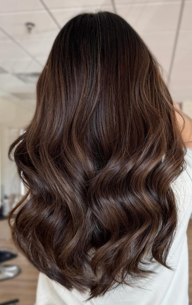 Back View Mid-Back Dark Brown With Caramel Highlights, Wavy Back View Mid-Back Dark Brown With Caramel Highlights, Wavy — Classy Brunette Hair Colors