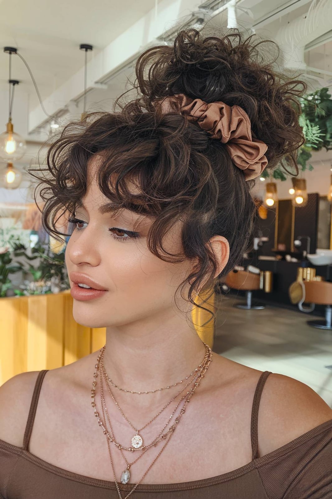 Messy Curly Bun With Curtain Bangs — Classy Bun and Bang