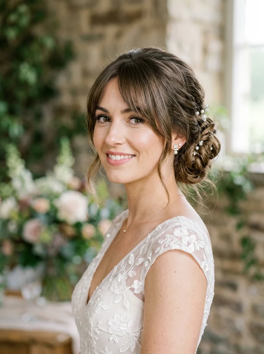 Loose Updo With Braided Accents And Full Bangs — Classy Bun and Bang