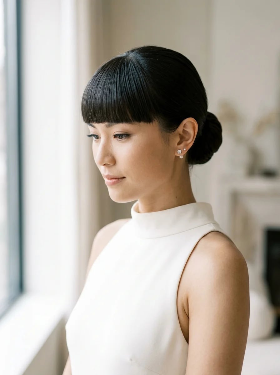 Sleek Low Bun With Sharp Blunt Fringe — Classy Bun and Bang