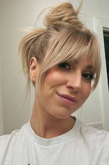 Messy Bun With Loose Curtain Bangs, Collarbone — Classy Bun and Bang