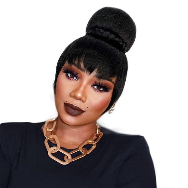 Braided Detail High Bun With Blunt Bangs — Classy Bun and Bang