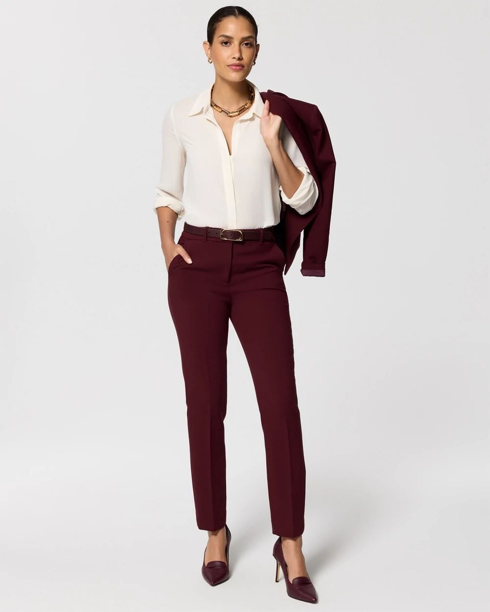Burgundy Tailored Trousers With A Cream Shirt And Blazer Burgundy Tailored Trousers With A Cream Shirt And Blazer — Classy Burgundy Pants Outfits