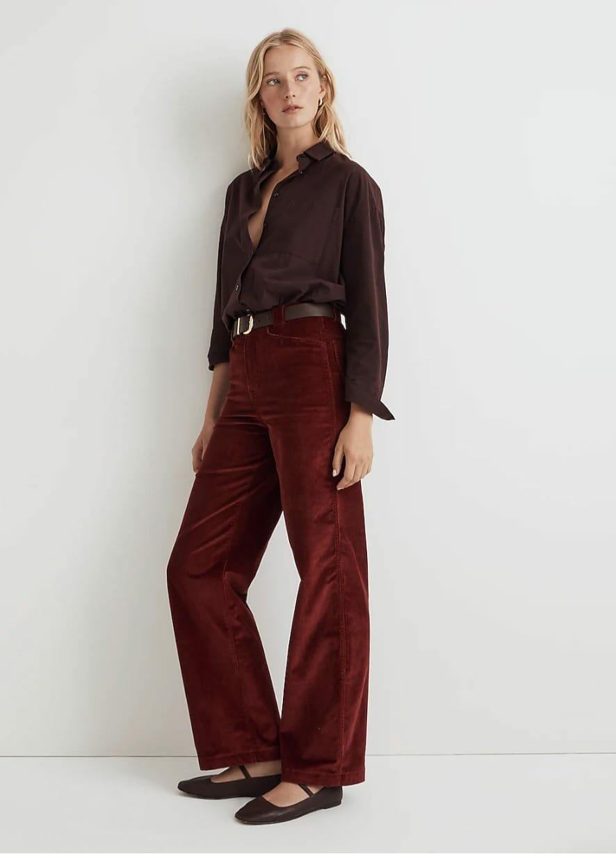 Burgundy Velvet Trousers With Brown Shirt And Flats Burgundy Velvet Trousers With Brown Shirt And Flats — Classy Burgundy Pants Outfits