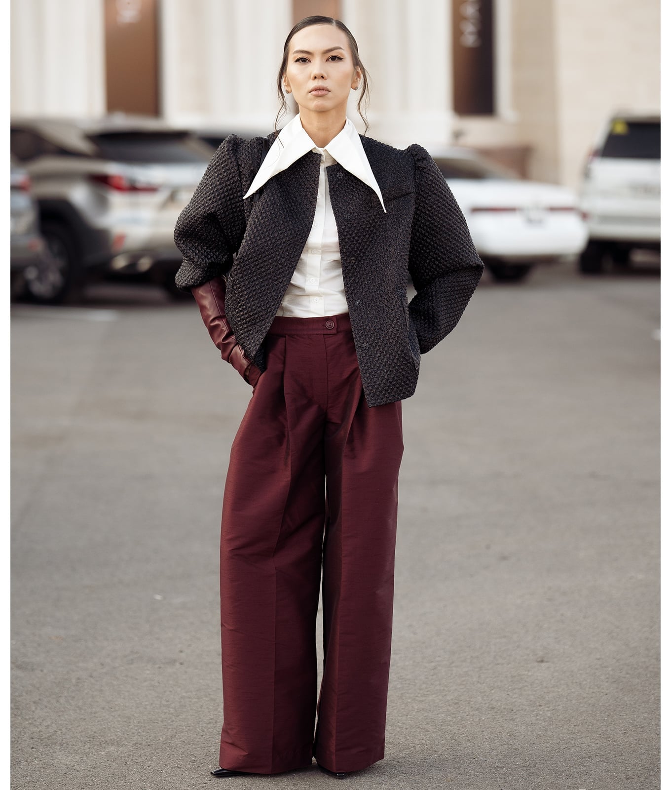 Burgundy Satin Trousers With Cropped Jacket Burgundy Satin Trousers With Cropped Jacket — Classy Burgundy Pants Outfits