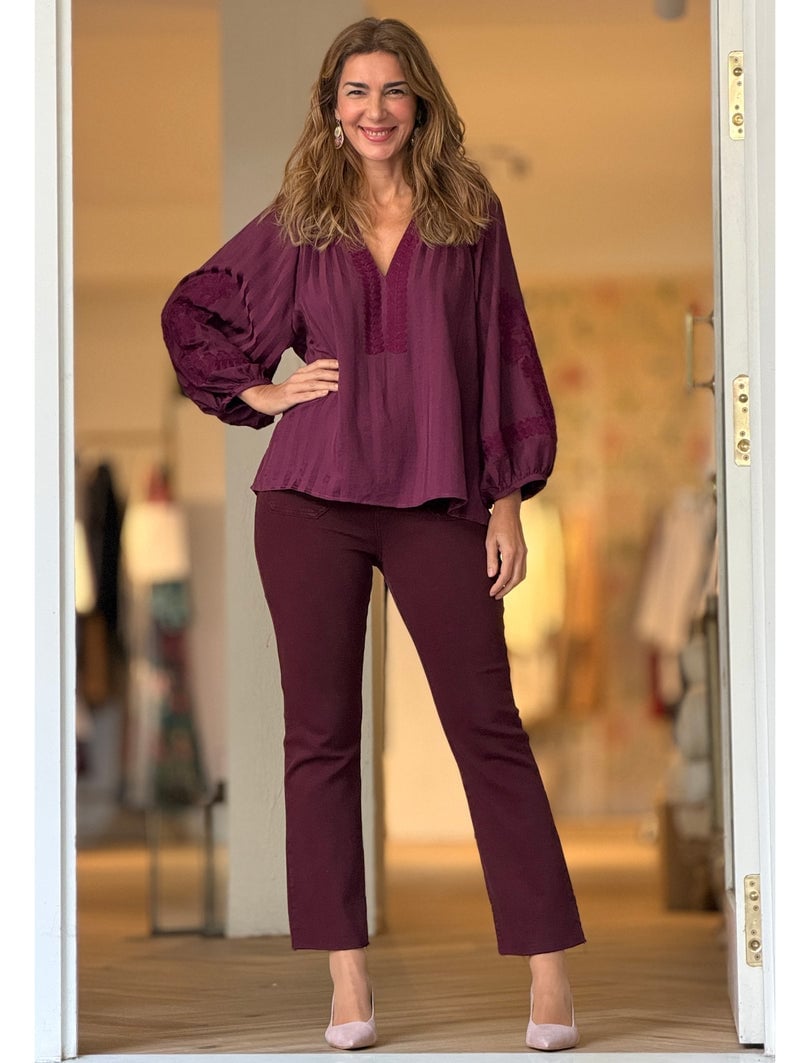 Burgundy Straight-Leg Trousers With Embroidered Blouse Burgundy Straight-Leg Trousers With Embroidered Blouse — Classy Burgundy Pants Outfits