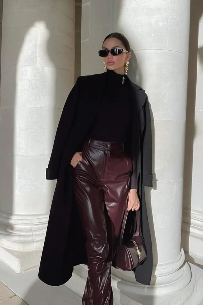 Burgundy Leather Trousers With Matching Turtleneck Burgundy Leather Trousers With Matching Turtleneck — Classy Burgundy Pants Outfits