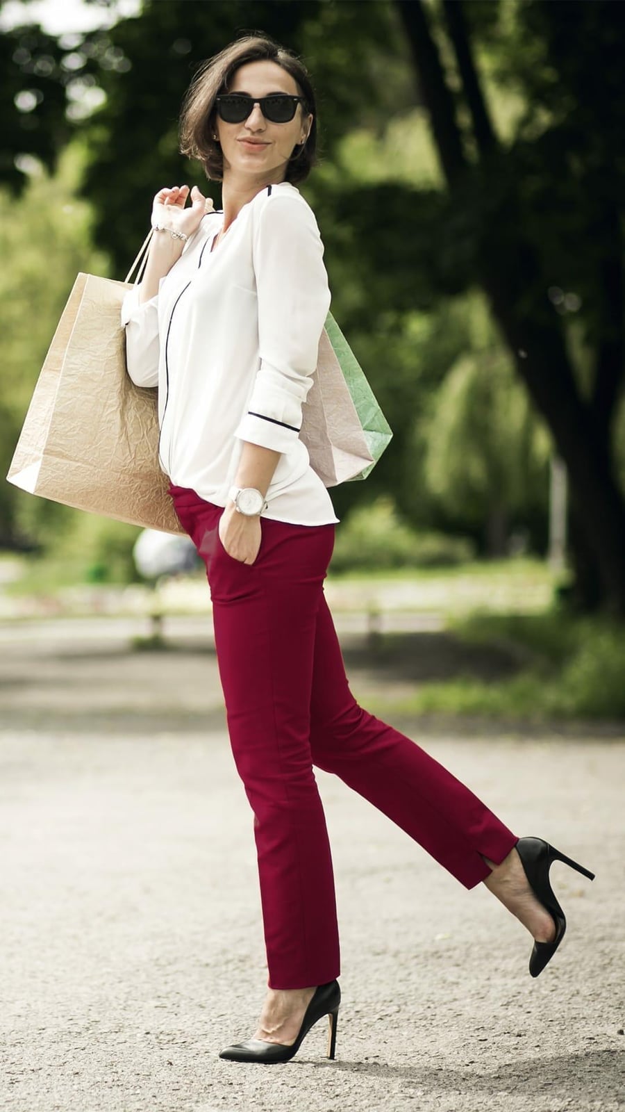 Burgundy Tailored Trousers With White Blouse And Shopping Bags Burgundy Tailored Trousers With White Blouse And Shopping Bags — Classy Burgundy Pants Outfits