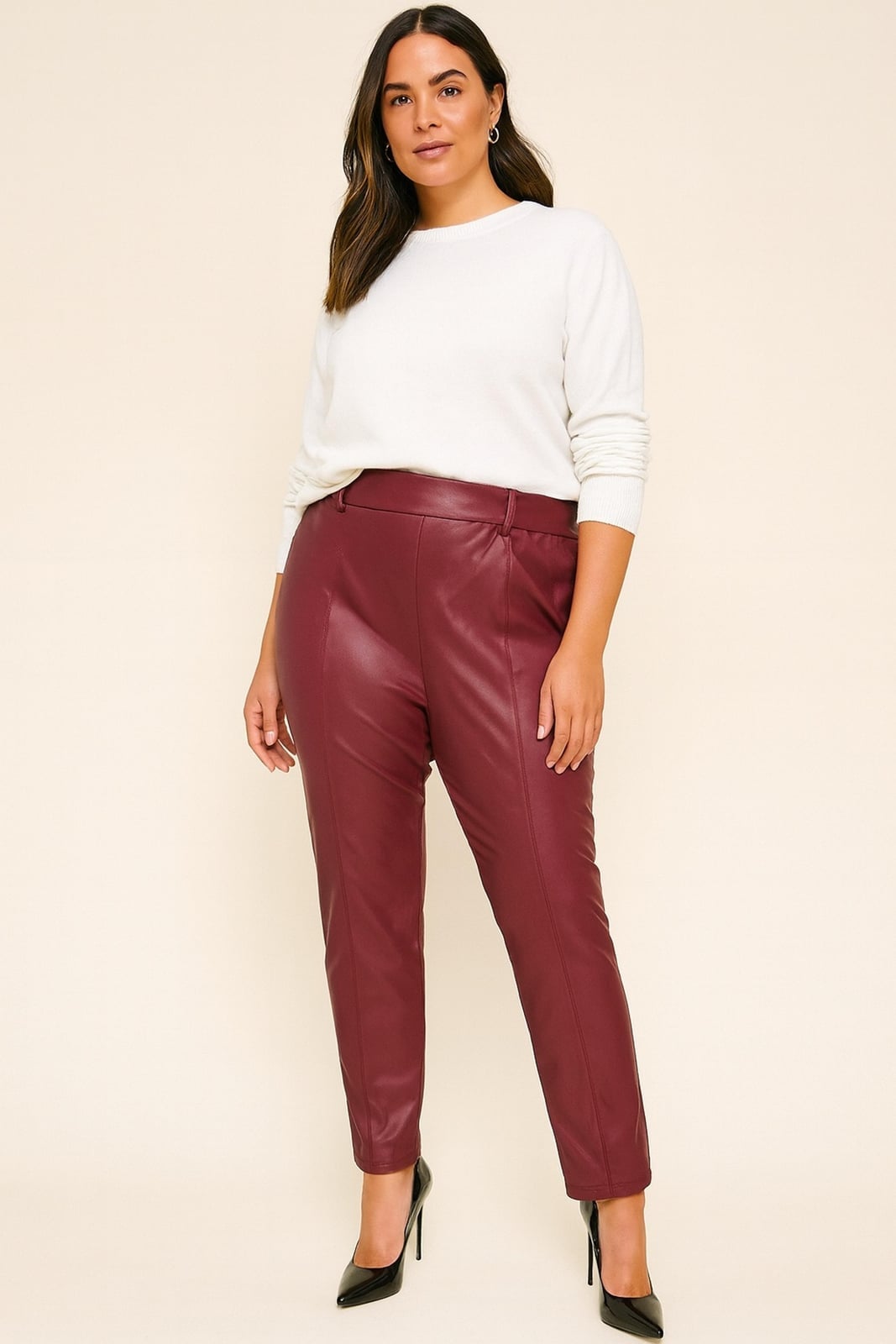 Burgundy Faux Leather Trousers With White Sweater Burgundy Faux Leather Trousers With White Sweater — Classy Burgundy Pants Outfits