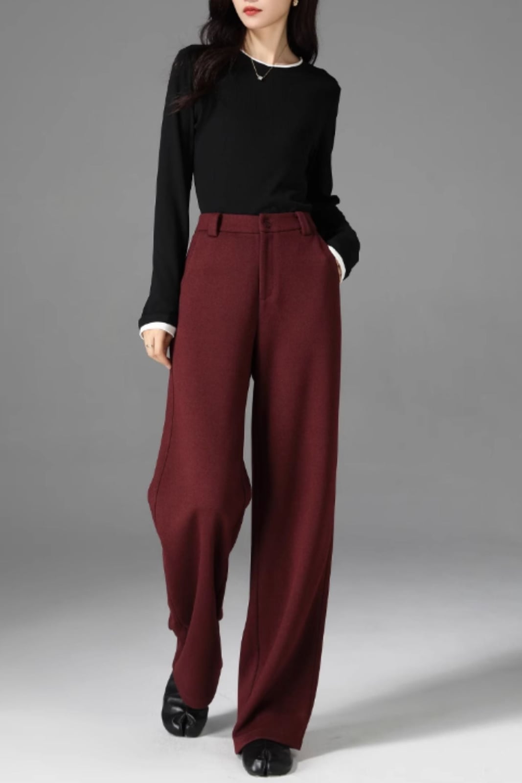 Burgundy Wool Blend Trousers With Black Top Burgundy Wool Blend Trousers With Black Top — Classy Burgundy Pants Outfits