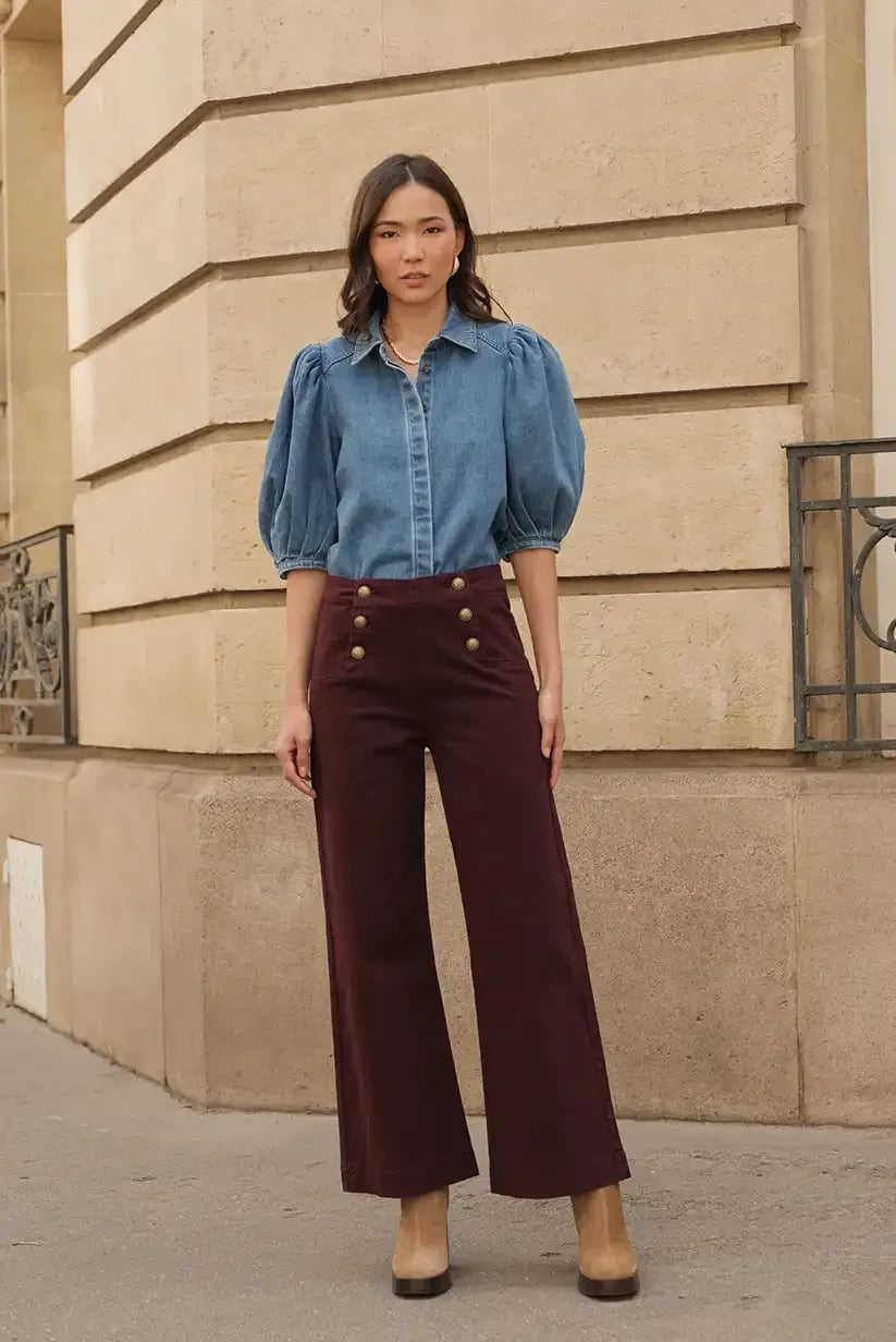 Burgundy Trousers With Gold Buttons And Denim Shirt Burgundy Trousers With Gold Buttons And Denim Shirt — Classy Burgundy Pants Outfits