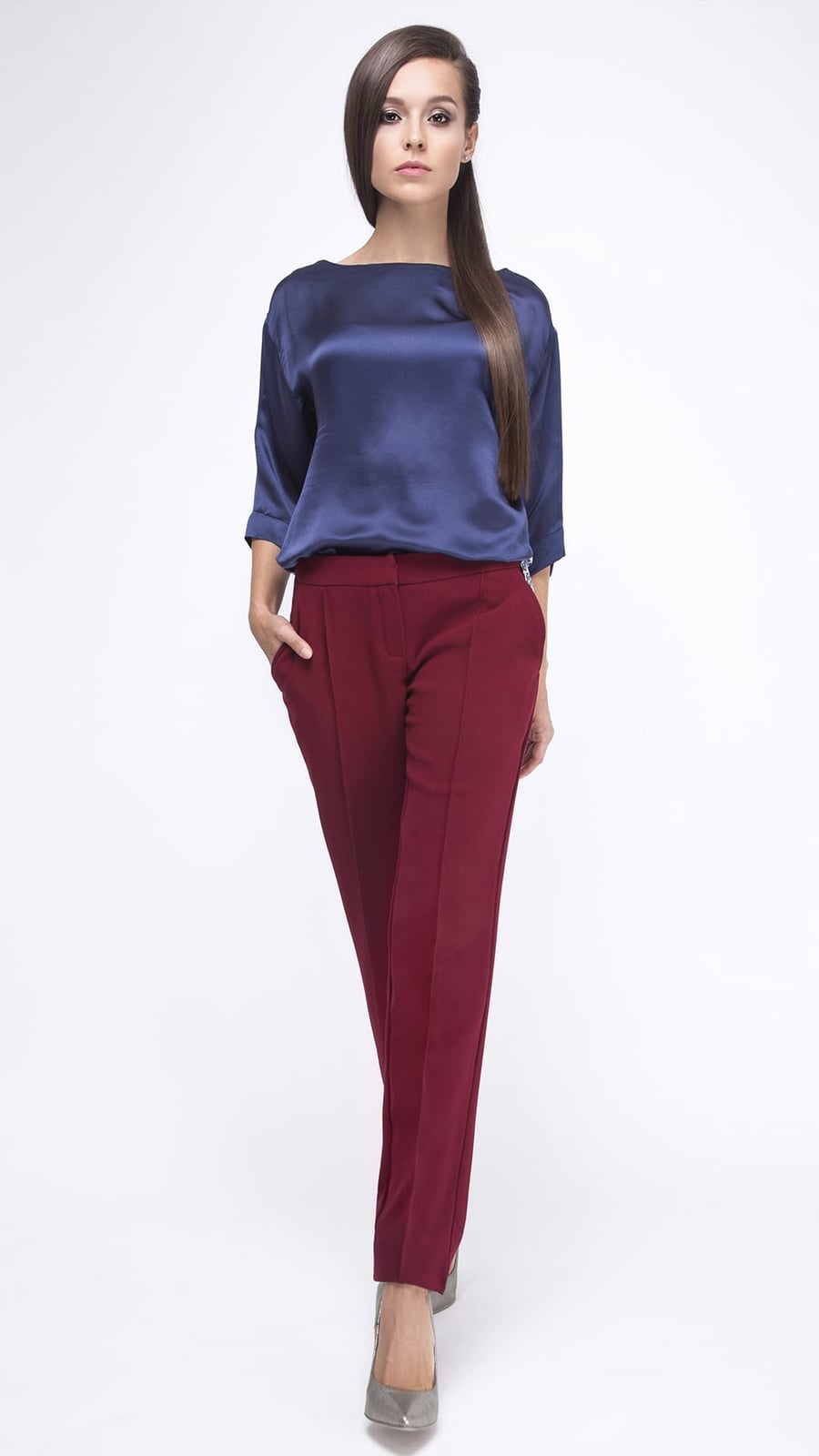 Tailored Burgundy Trousers With Navy Silk Blouse Tailored Burgundy Trousers With Navy Silk Blouse — Classy Burgundy Pants Outfits