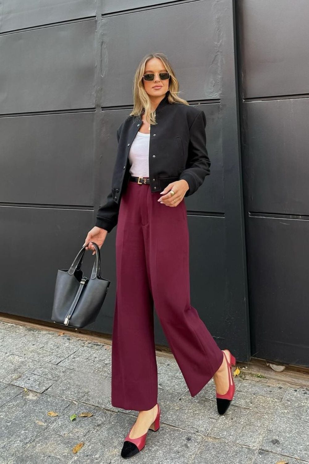 Burgundy Wide-Leg Trousers With White Tank And Bomber Jacket Burgundy Wide-Leg Trousers With White Tank And Bomber Jacket — Classy Burgundy Pants Outfits