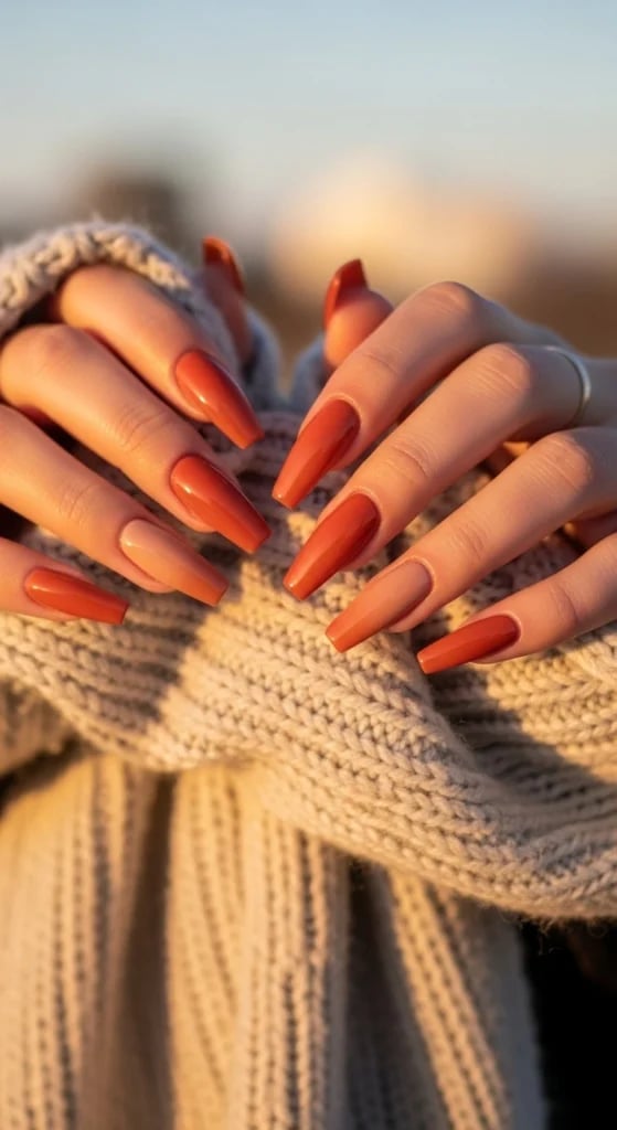 Glossy Burnt Orange and Nude Long Coffin Nails Glossy Burnt Orange and Nude Long Coffin Nails — Classy Burnt Orange Nails