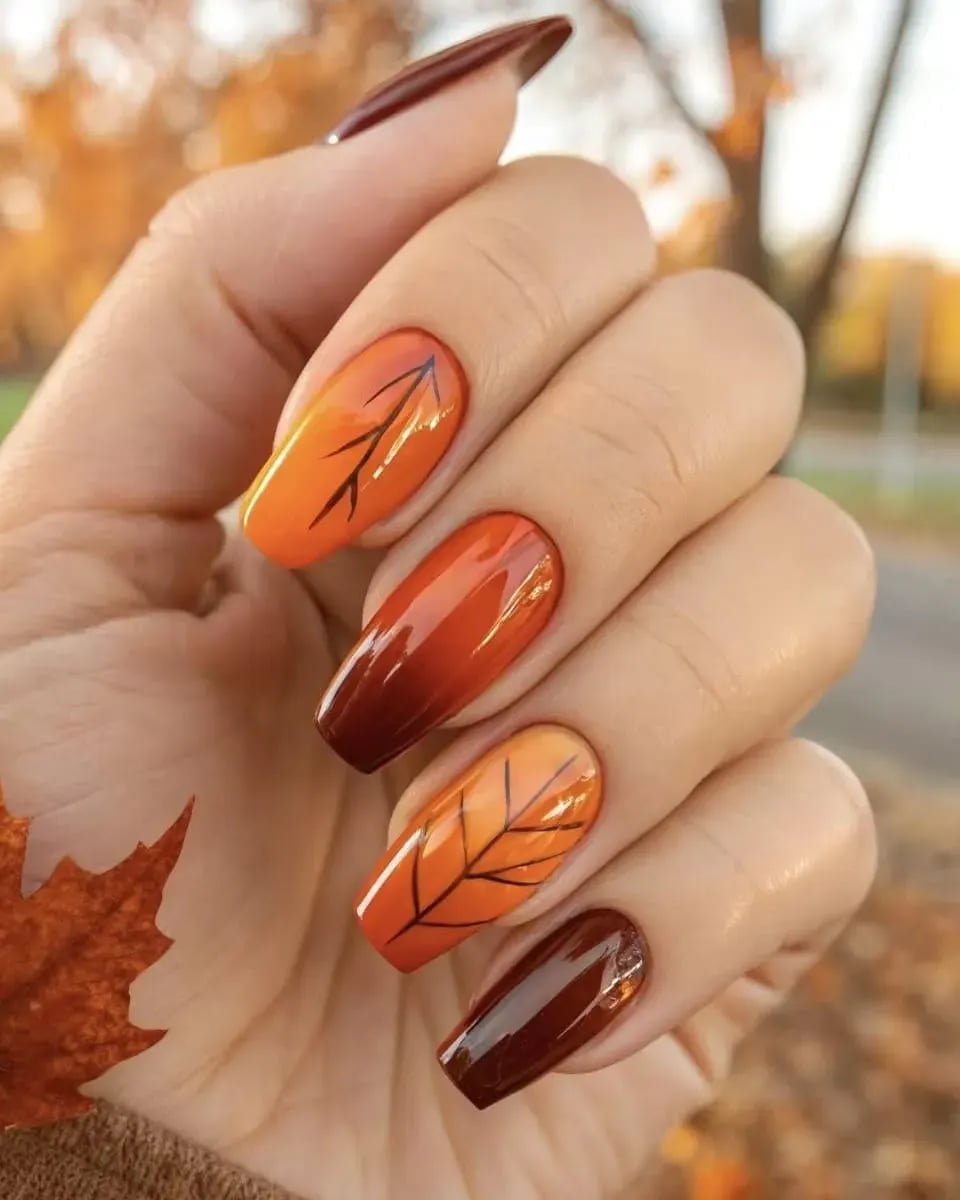 Orange to Brown Ombre Leaf Art Long Coffin Nails Orange to Brown Ombre Leaf Art Long Coffin Nails — Classy Burnt Orange Nails