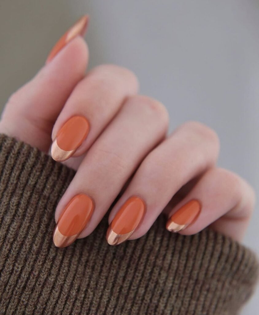 Glossy Burnt Orange Medium Almond Metallic French Glossy Burnt Orange Medium Almond Metallic French — Classy Burnt Orange Nails