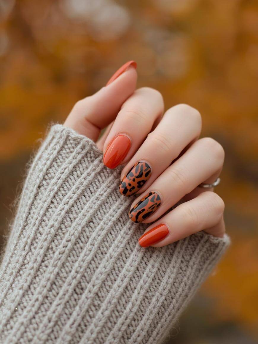 Burnt Orange Leopard Print Medium Oval Nails Burnt Orange Leopard Print Medium Oval Nails — Classy Burnt Orange Nails