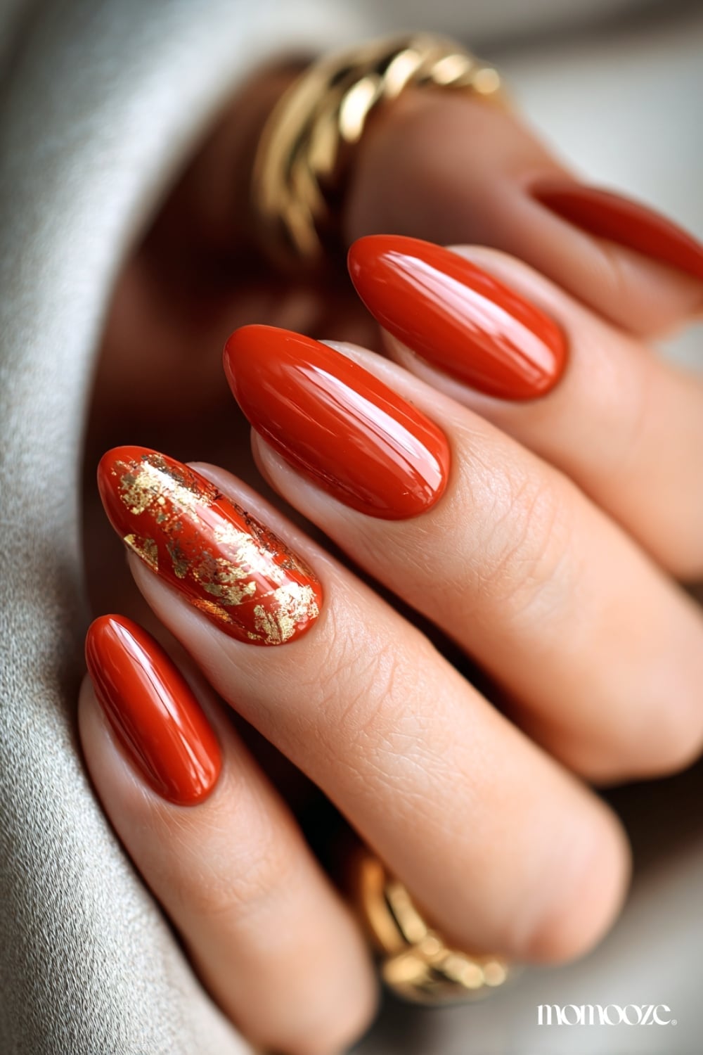 Burnt Orange Almond Nails with Gold Foil Accent and High Gloss Burnt Orange Almond Nails with Gold Foil Accent and High Gloss — Classy Burnt Orange Nails