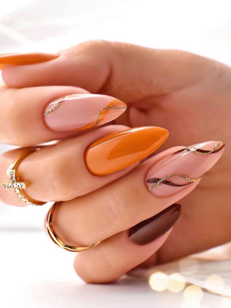 Burnt Orange Nude Brown Gold Line Medium Almond Burnt Orange Nude Brown Gold Line Medium Almond — Classy Burnt Orange Nails