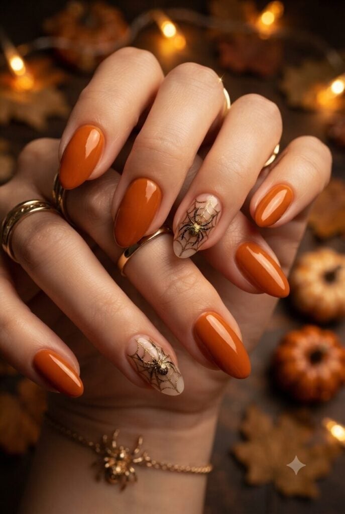 Burnt Orange Spider Web Medium Oval Nails Burnt Orange Spider Web Medium Oval Nails — Classy Burnt Orange Nails