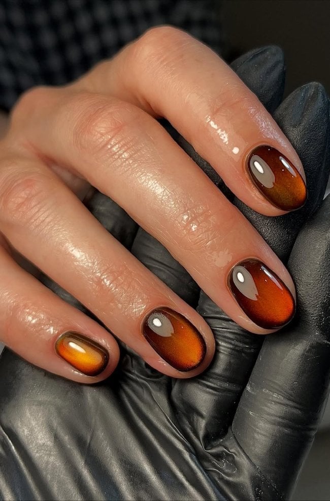 Amber Brown Orange Cat Eye Short Oval Nails Amber Brown Orange Cat Eye Short Oval Nails — Classy Burnt Orange Nails
