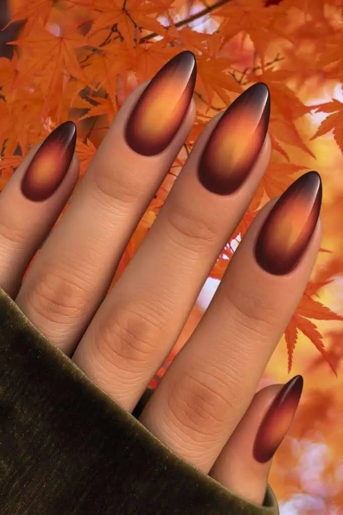 Glossy Brown to Orange Ombre Long Almond Nails Glossy Brown to Orange Ombre Long Almond Nails — Classy Burnt Orange Nails
