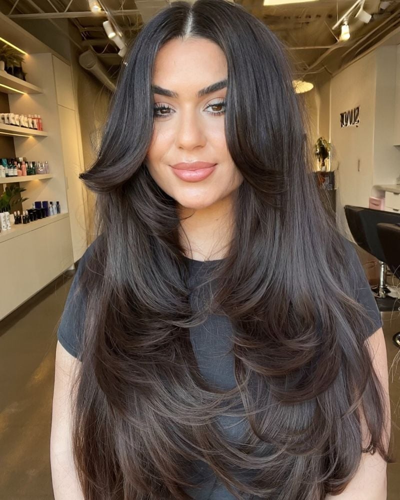 Long Dark Brown Butterfly Cut With Voluminous Layers — Classy Butterfly Hair